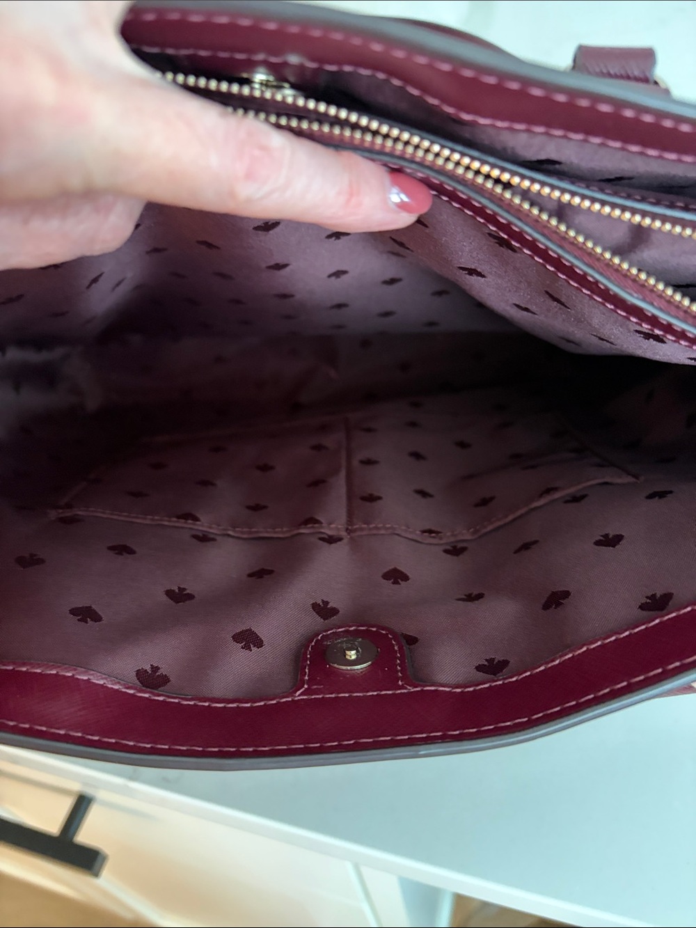 kate spade Burgundy Saffiano Leather Tote with Floral Charm - Picture 9 of 11